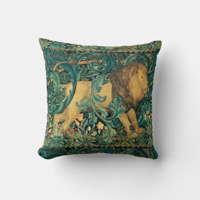 GREENERY,FOREST ANIMALS  LION Floral  Throw Pillow (Front)