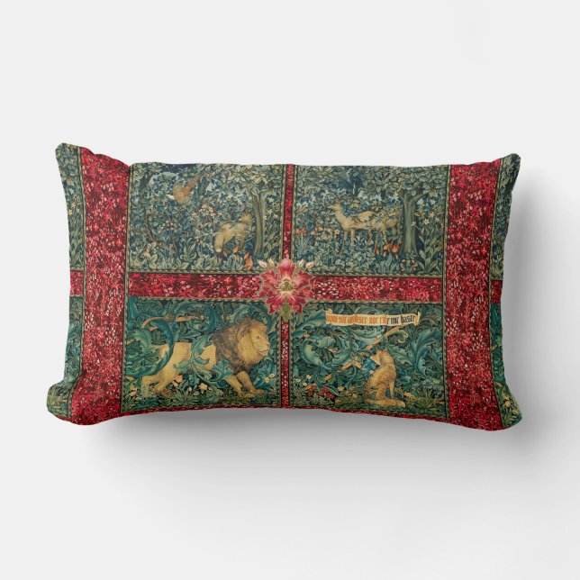 GREENERY,FOREST ANIMALS ,LION ,FOX,PHEASANT, DOES  LUMBAR PILLOW (Front)