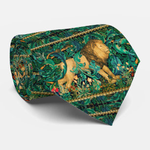 GREENERY,FOREST ANIMALS LION Green Leaves Floral Neck Tie