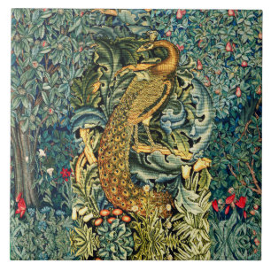 GREENERY, FOREST ANIMALS,PEACOCK IN GREEN FLORAL CERAMIC TILE