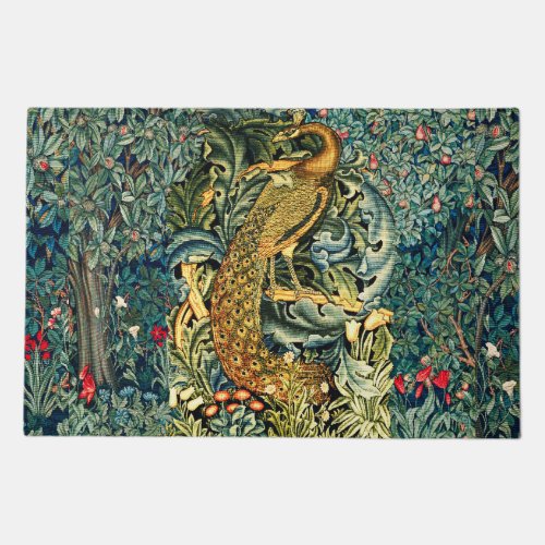 GREENERY FOREST ANIMALSPEACOCK IN GREEN FLORAL  DOORMAT