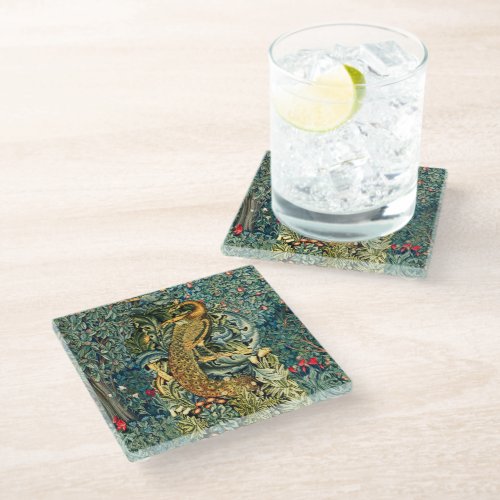 GREENERY FOREST ANIMALSPEACOCK IN GREEN FLORAL   GLASS COASTER