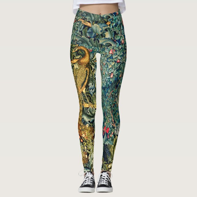 GREENERY, FOREST ANIMALS,PEACOCK IN GREEN FLORAL   LEGGINGS (Front)
