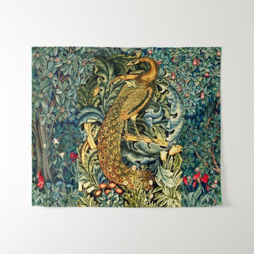 GREENERY FOREST ANIMALSPEACOCK IN GREEN FLORAL  TAPESTRY