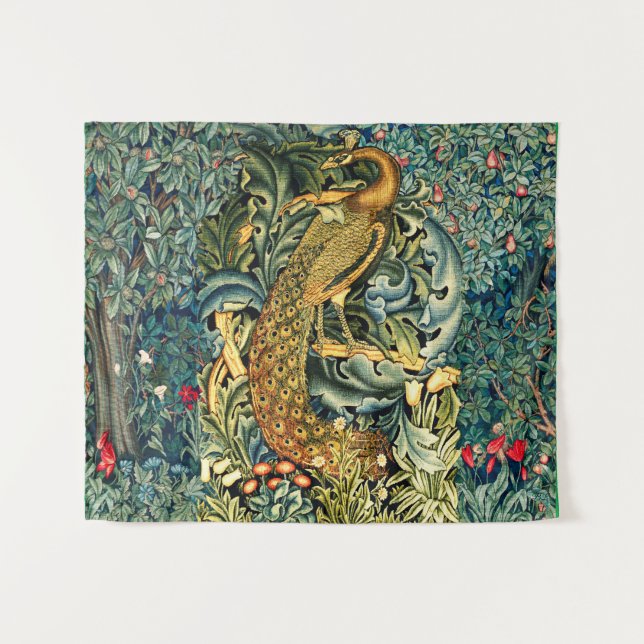 GREENERY, FOREST ANIMALS,PEACOCK IN GREEN FLORAL  TAPESTRY (Front (Horizontal))