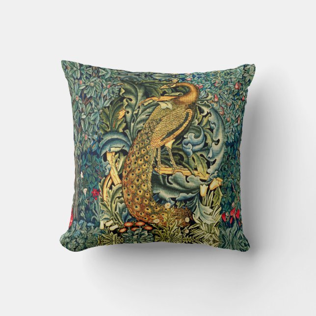 GREENERY, FOREST ANIMALS,PEACOCK IN GREEN FLORAL   THROW PILLOW (Front)