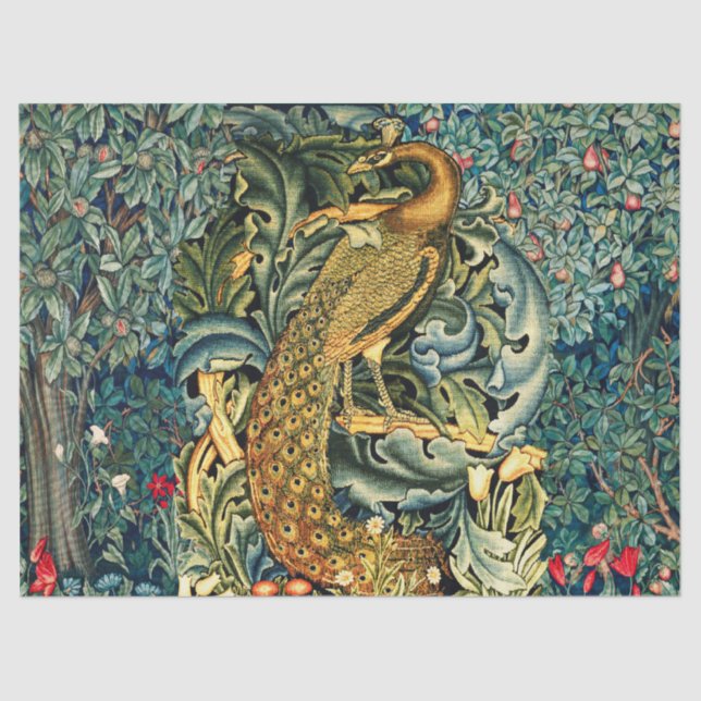 GREENERY, FOREST ANIMALS,PEACOCK IN GREEN FLORAL   TISSUE PAPER (Front)