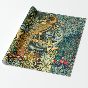 GREENERY, FOREST ANIMALS,PEACOCK IN GREEN FLORAL WRAPPING PAPER