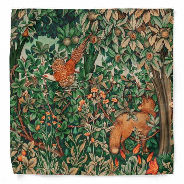 GREENERY,FOREST ANIMALS Pheasant ,Fox,Green Floral Bandana (Front)