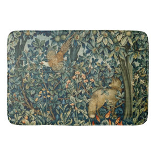 GREENERY,FOREST ANIMALS Pheasant ,Fox,Green Floral Bath Mat