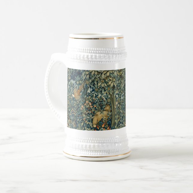 GREENERY,FOREST ANIMALS Pheasant ,Fox,Green Floral Beer Stein (Front Left)