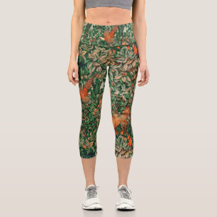 GREENERY,FOREST ANIMALS Pheasant,Fox,Green Floral Capri Leggings