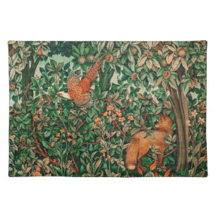 GREENERY,FOREST ANIMALS Pheasant ,Fox,Green Floral Cloth Placemat