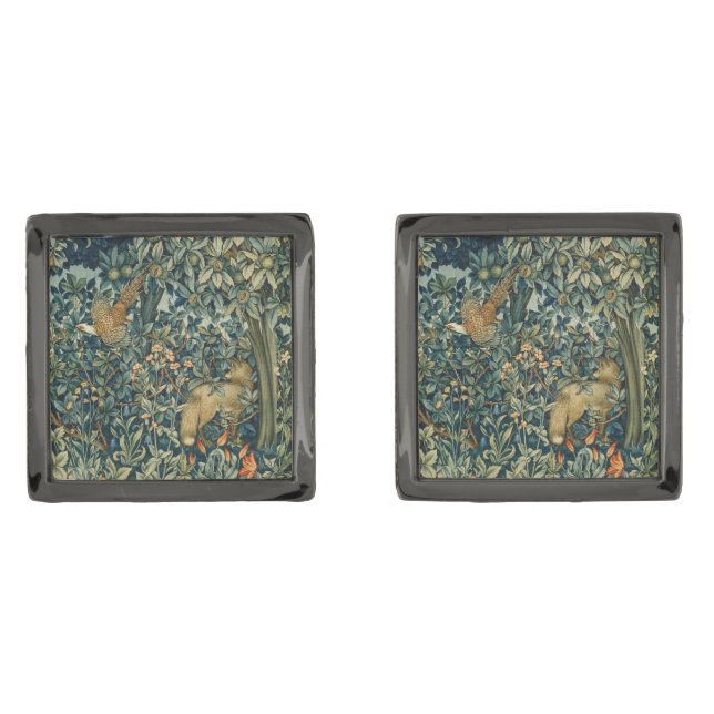 GREENERY,FOREST ANIMALS Pheasant ,Fox,Green Floral Cufflinks (Front)