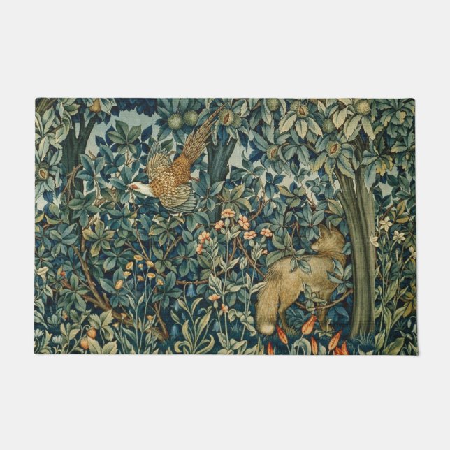 GREENERY,FOREST ANIMALS Pheasant ,Fox,Green Floral Doormat (Front)