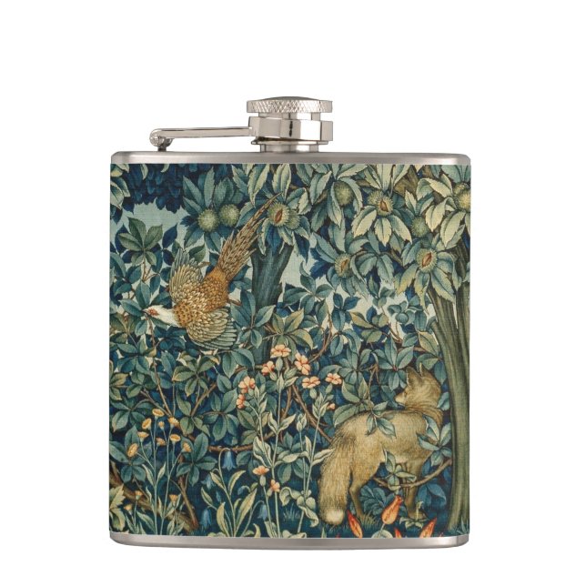 GREENERY,FOREST ANIMALS Pheasant ,Fox,Green Floral Flask (Front)