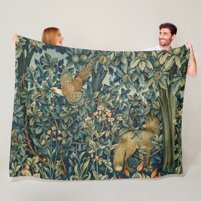 GREENERY,FOREST ANIMALS Pheasant ,Fox,Green Floral Fleece Blanket (In Situ)