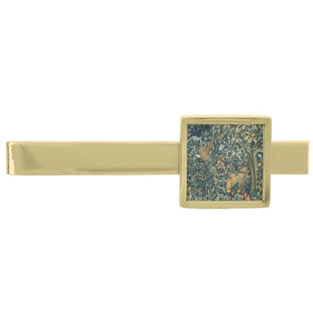 GREENERY,FOREST ANIMALS Pheasant ,Fox,Green Floral Gold Finish Tie Bar (Front)