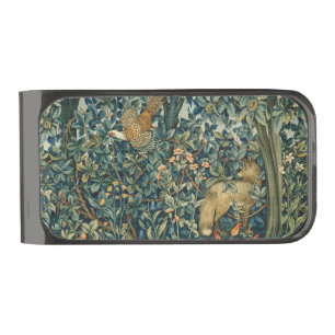 GREENERY,FOREST ANIMALS Pheasant ,Fox,Green Floral Gunmetal Finish Money Clip