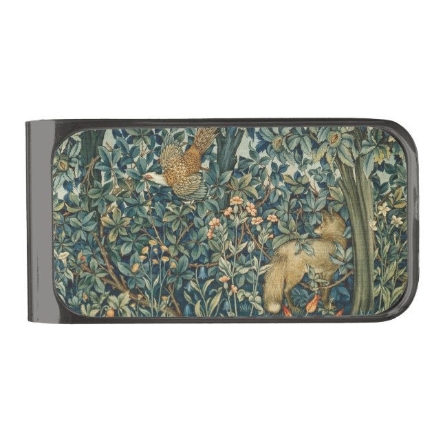 GREENERY,FOREST ANIMALS Pheasant ,Fox,Green Floral Gunmetal Finish Money Clip (Front)