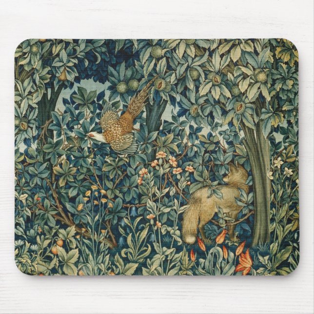 GREENERY,FOREST ANIMALS Pheasant ,Fox,Green Floral Mouse Pad (Front)