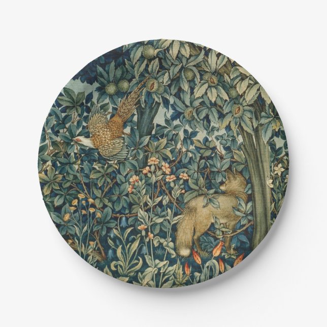 GREENERY,FOREST ANIMALS Pheasant ,Fox,Green Floral Paper Plates (Front)