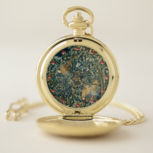 GREENERY,FOREST ANIMALS Pheasant ,Fox,Green Floral Pocket Watch (Inside)