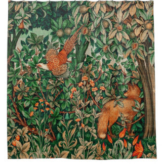 GREENERY,FOREST ANIMALS Pheasant ,Fox,Green Floral Shower Curtain