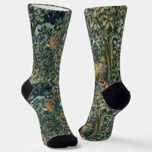 GREENERY,FOREST ANIMALS Pheasant ,Fox,Green Floral Socks