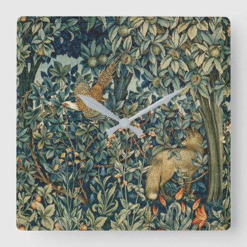 GREENERYFOREST ANIMALS Pheasant FoxGreen Floral Square Wall Clock