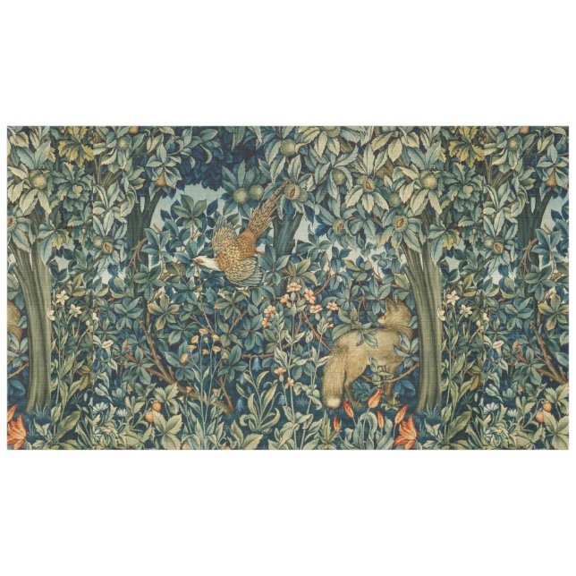 GREENERY,FOREST ANIMALS Pheasant ,Fox,Green Floral Tablecloth (Front (Horizontal))