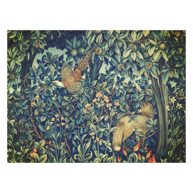 GREENERY,FOREST ANIMALS Pheasant ,Fox,Green Floral Tablecloth (Front (Horizontal))