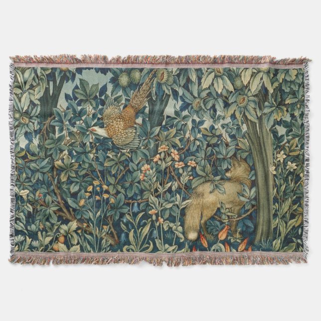 GREENERY,FOREST ANIMALS Pheasant ,Fox,Green Floral Throw Blanket (Front)