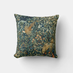 GREENERY,FOREST ANIMALS Pheasant ,Fox,Green Floral Throw Pillow