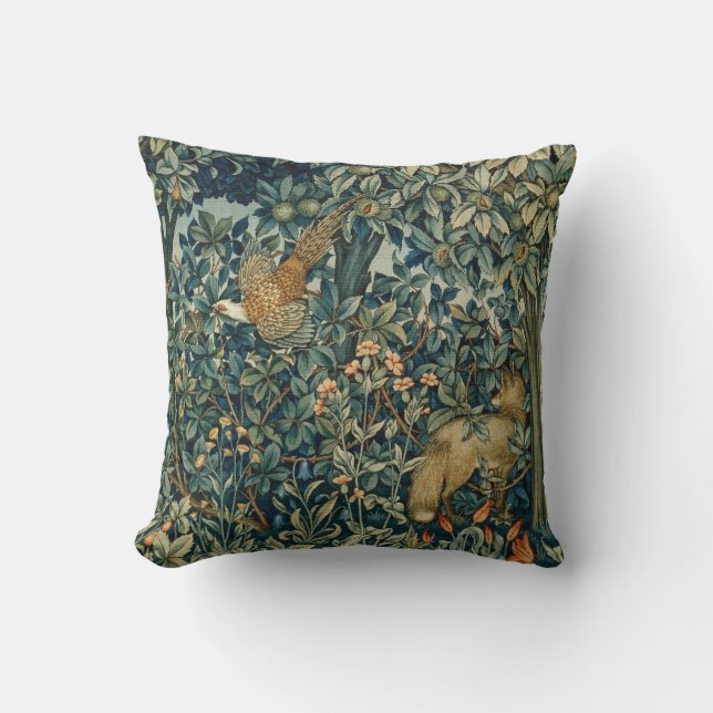GREENERY,FOREST ANIMALS Pheasant ,Fox,Green Floral Throw Pillow (Front)