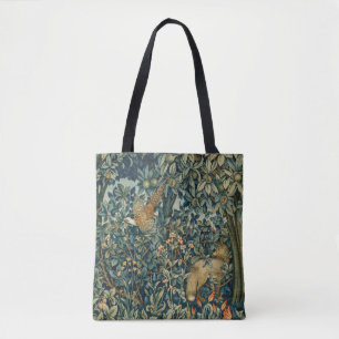 GREENERY,FOREST ANIMALS Pheasant ,Fox,Green Floral Tote Bag