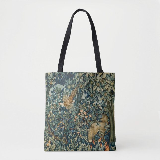 GREENERY,FOREST ANIMALS Pheasant ,Fox,Green Floral Tote Bag (Front)