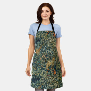 GREENERY,FOREST ANIMALS Pheasant ,Fox,Green Leaves Apron