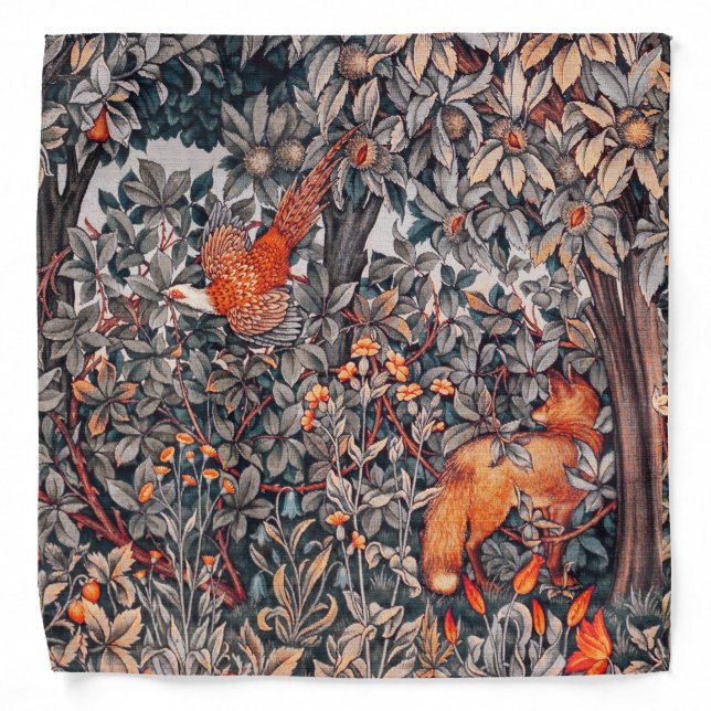 GREENERY,FOREST ANIMALS Pheasant ,Fox,Red  Floral Bandana (Front)