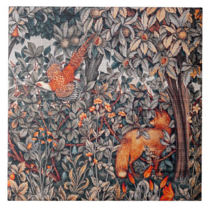 GREENERY,FOREST ANIMALS Pheasant ,Red Fox Floral Ceramic Tile