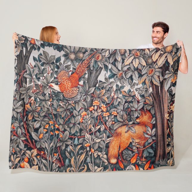 GREENERY,FOREST ANIMALS Pheasant, Red Fox Floral Fleece Blanket (In Situ)
