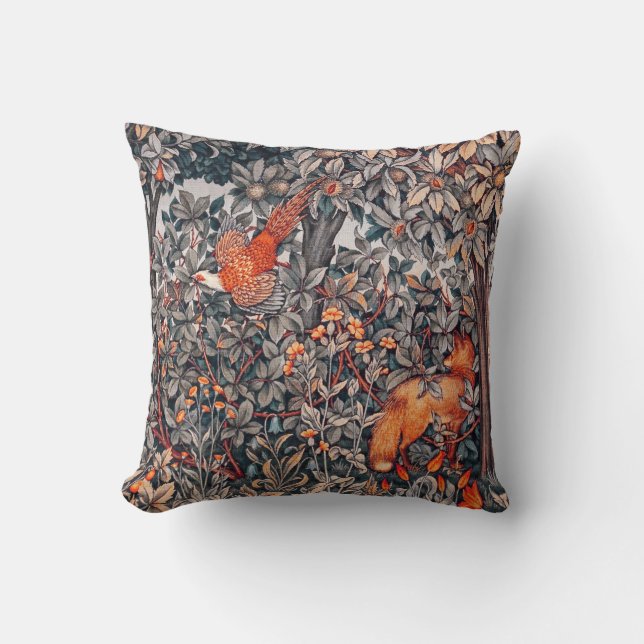 GREENERY,FOREST ANIMALS Pheasant ,Red Fox Floral Throw Pillow (Front)