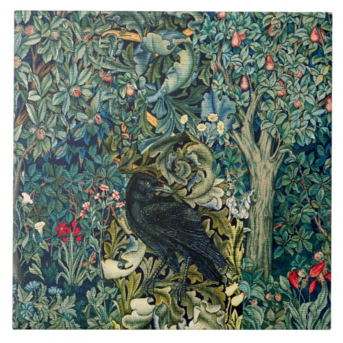 GREENERY FOREST ANIMALS RAVEN IN GREEN FLORAL CERAMIC TILE