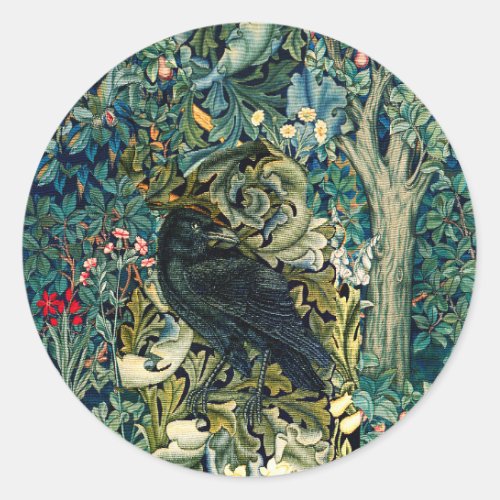 GREENERY FOREST ANIMALS RAVEN IN GREEN FLORAL CLASSIC ROUND STICKER