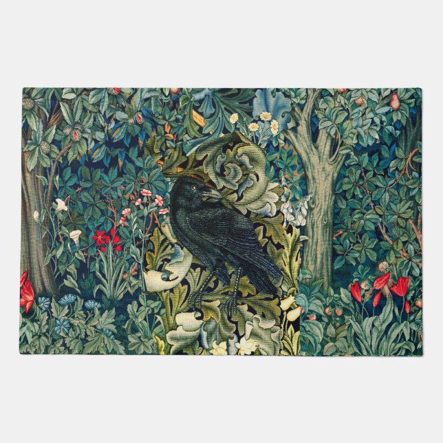 GREENERY, FOREST ANIMALS ,RAVEN IN GREEN FLORAL DOORMAT (Front)
