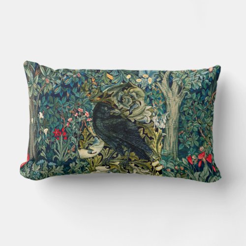 GREENERY FOREST ANIMALS RAVEN IN GREEN FLORAL LUMBAR PILLOW