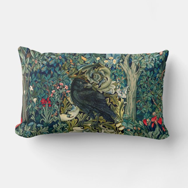 GREENERY, FOREST ANIMALS ,RAVEN IN GREEN FLORAL LUMBAR PILLOW (Front)