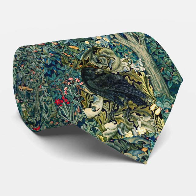 GREENERY, FOREST ANIMALS ,RAVEN IN GREEN FLORAL NECK TIE (Rolled)