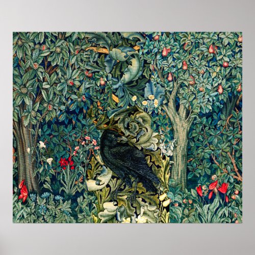 GREENERY FOREST ANIMALS RAVEN IN GREEN FLORAL POSTER