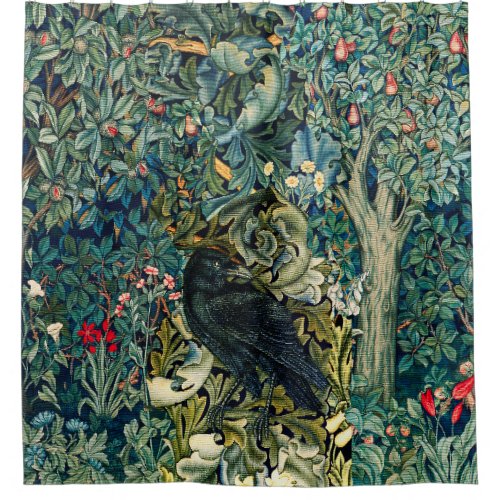 GREENERY FOREST ANIMALS RAVEN IN GREEN FLORAL SHOWER CURTAIN